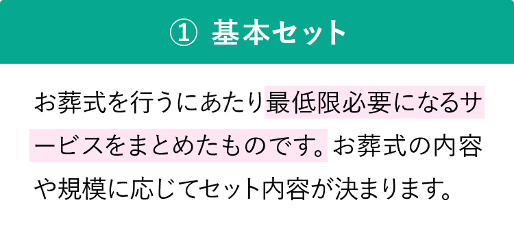 【①基本セット】お葬式を行うにあたり最低限必要になるサービスをまとめたものです。お葬式の内容や規模に応じてセット内容が決まります。